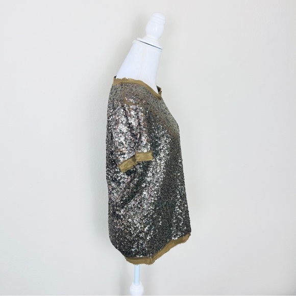 J. Crew Olive Green Sequin Embellished Short Sleeve Shirt Blouse - Picture 2 of 16